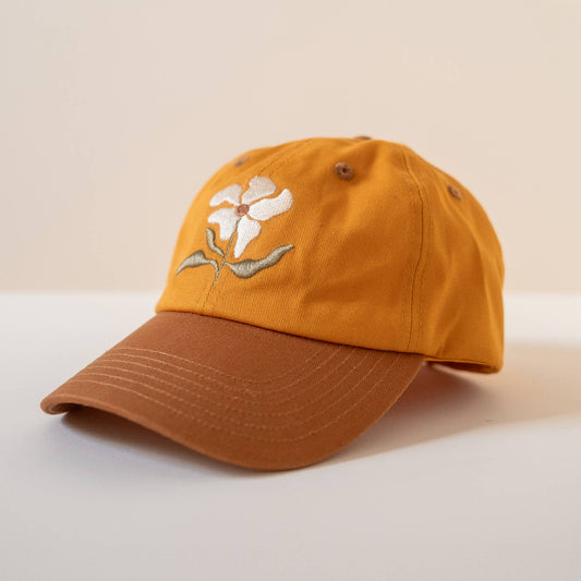 Mustard Yellow Baseball Cap With Flower Embroidery