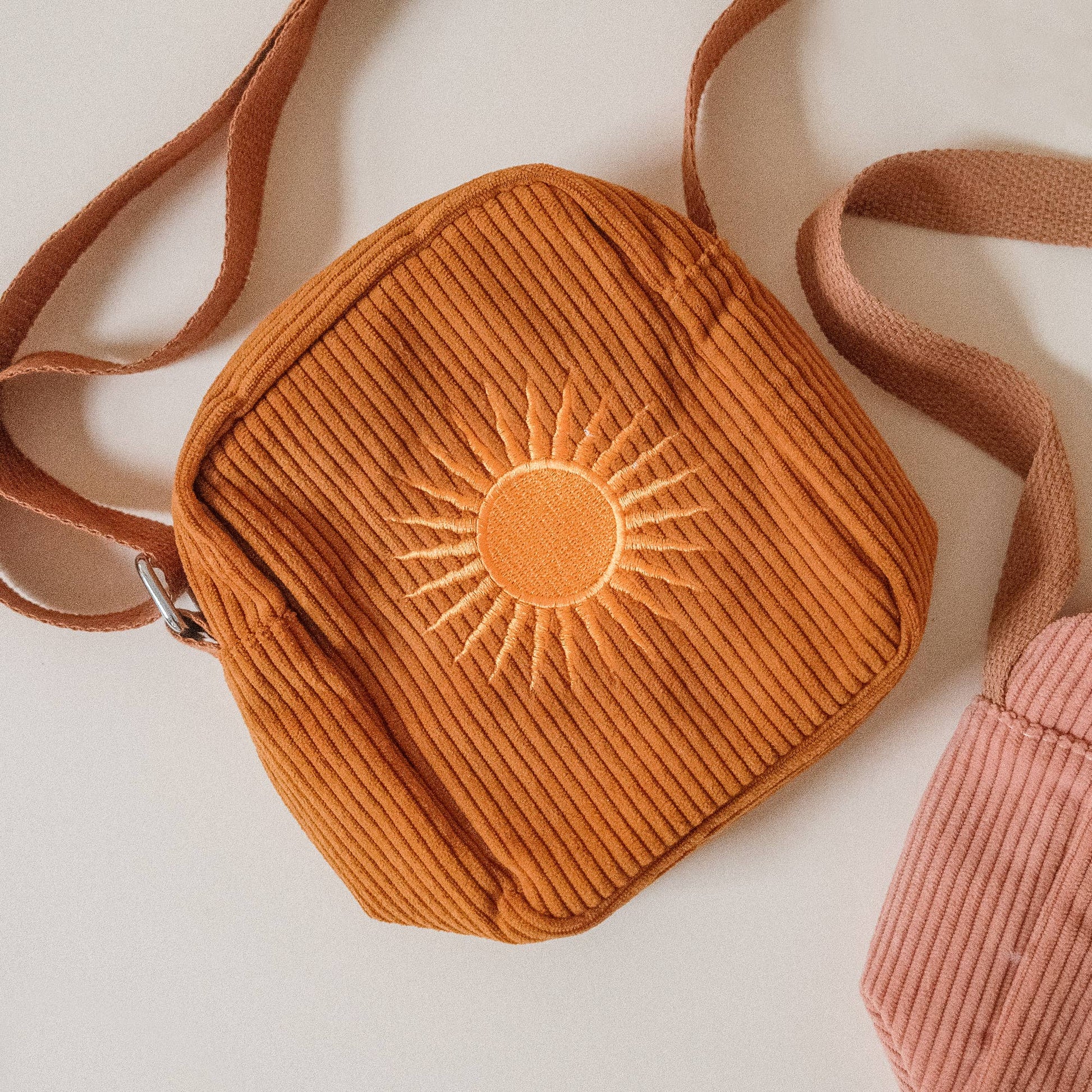 Mustard Yellow Corduroy Cross Body Bag With Sun Embroidery 