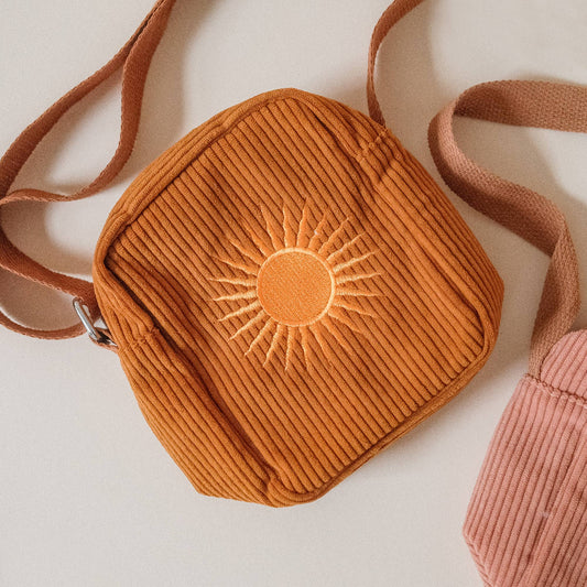Mustard Yellow Corduroy Cross Body Bag With Sun Embroidery 