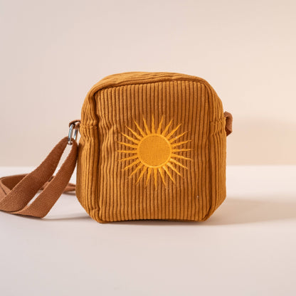 Mustard Yellow Corduroy Cross Body Bag With Sun Embroidery 