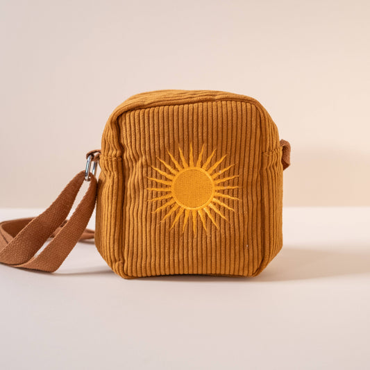 Mustard Yellow Corduroy Cross Body Bag With Sun Embroidery 