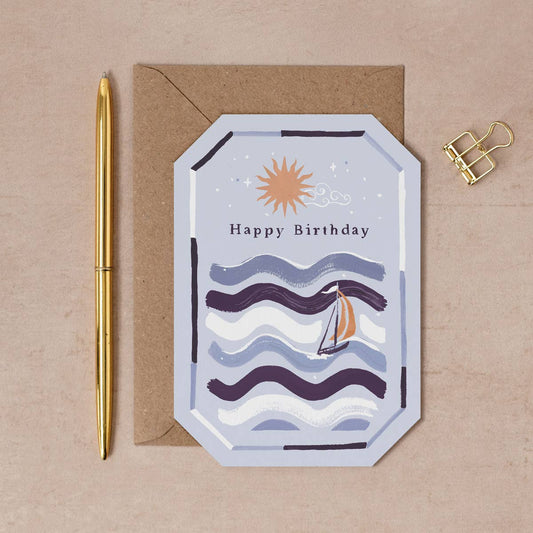 Octagon Shaped Blue Sailing Abstract Happy Birthday Greeting Card 