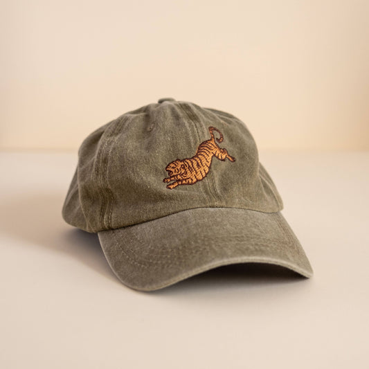 Olive Green Baseball Cap With Embroidered Tiger
