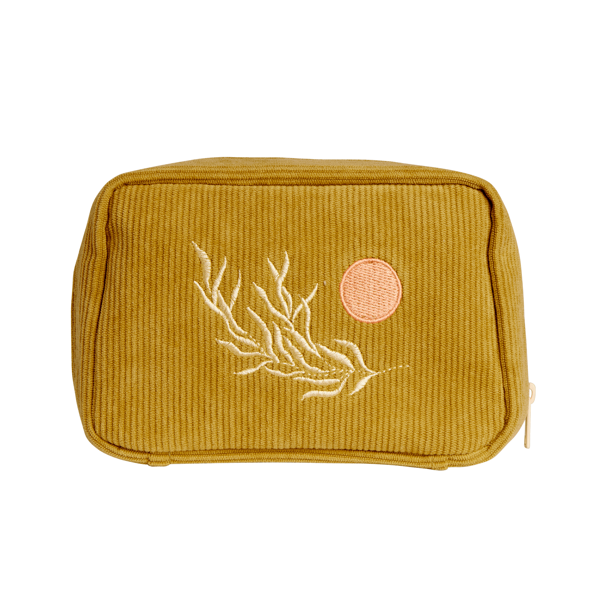 Olive Green Corduroy Cosmetic Make Up Pouch With Embroidered Floral Leaf & Sun