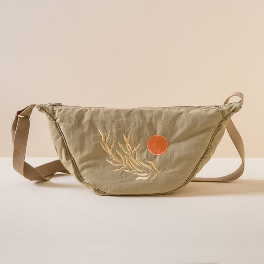 Olive Green Nylon Pouch Bag With Sun & Flower Embroidery