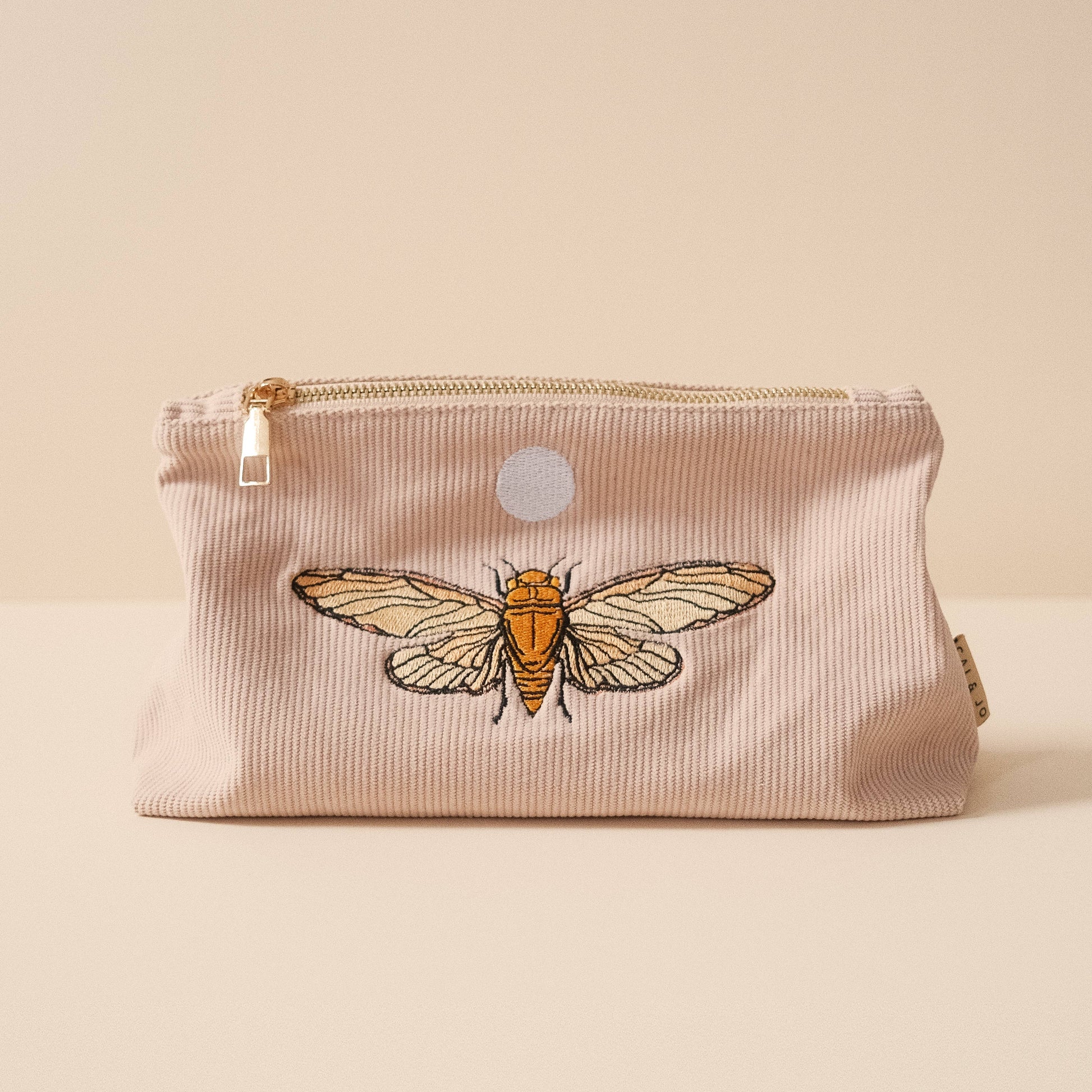 Pale Pink Cosmetic Make Up Pouch With Moth & Moon Embroidery