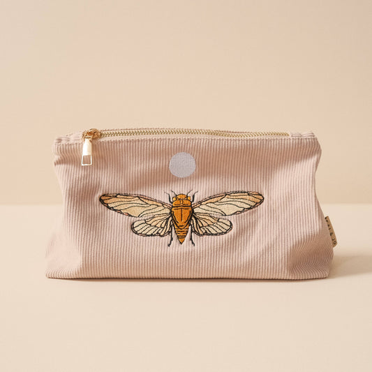 Pale Pink Cosmetic Make Up Pouch With Moth & Moon Embroidery