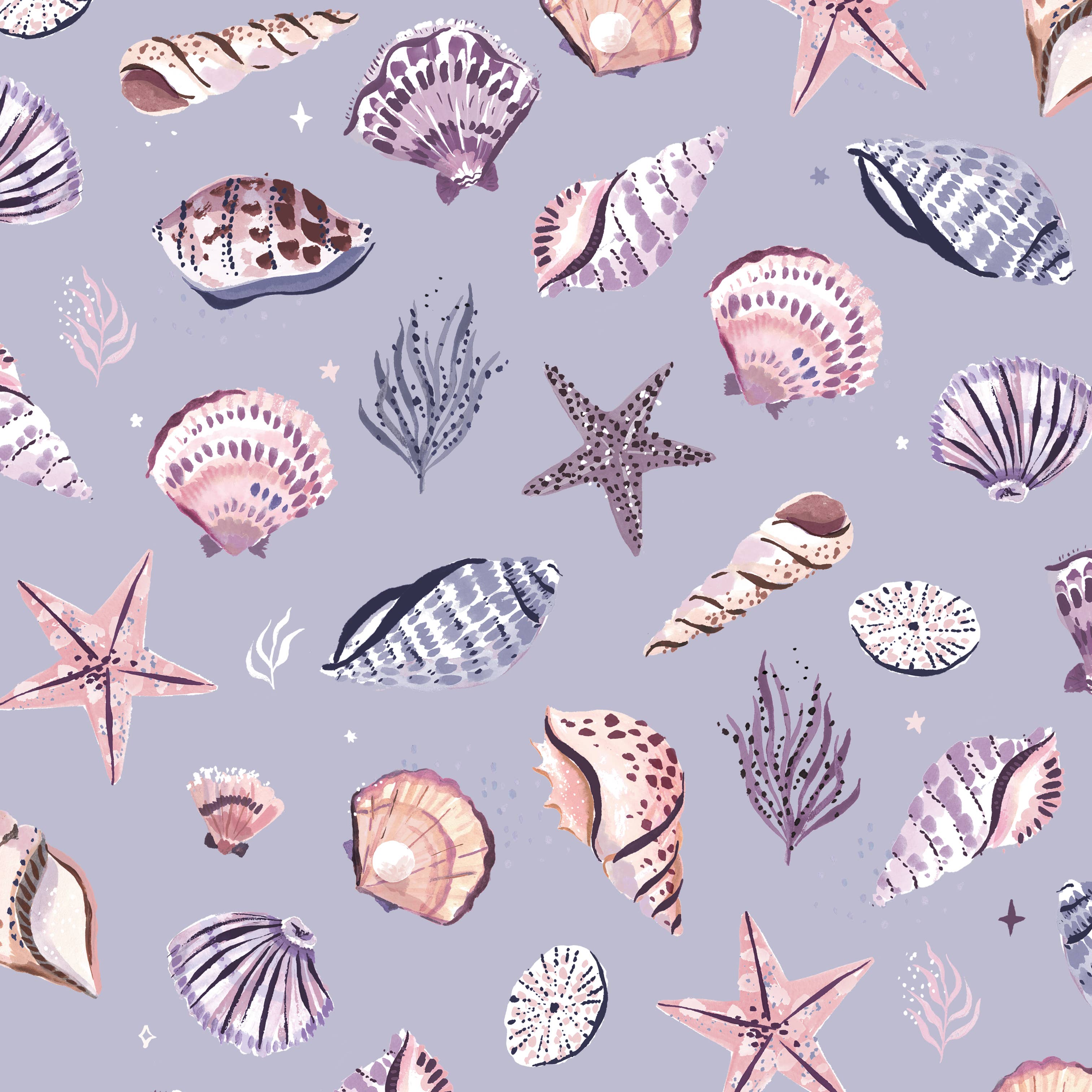 Pastel Lilac Blue Seashell & Starfish Coastal Seaside Gift Wrapping Paper