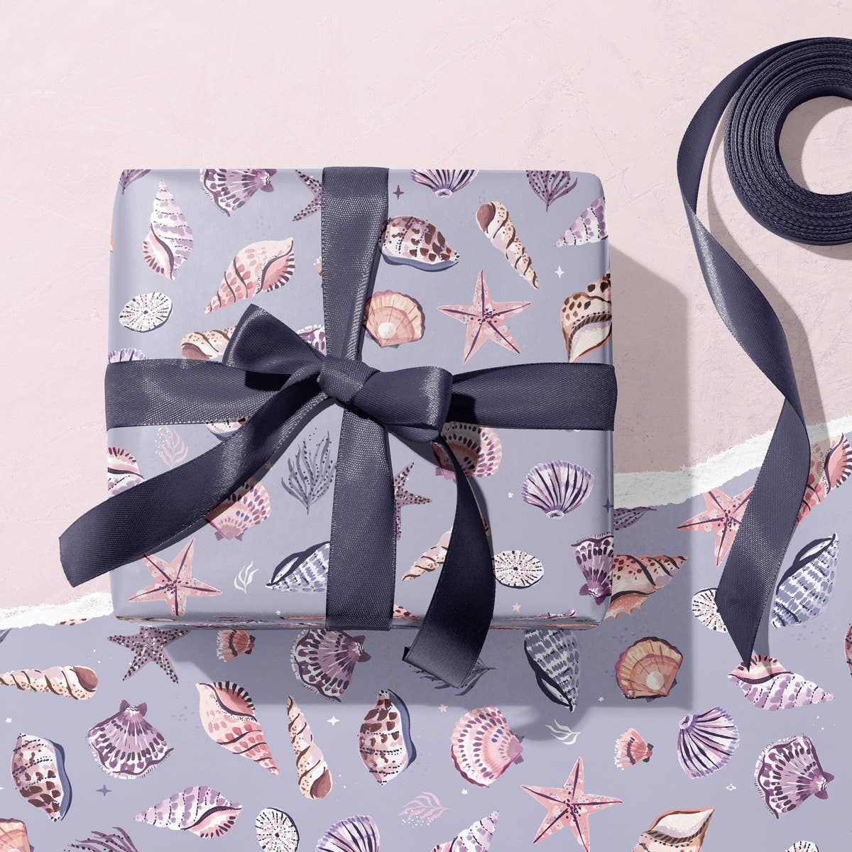 Pastel Lilac Blue Seashell & Starfish Coastal Seaside Gift Wrapping Paper With Ribbon Bow