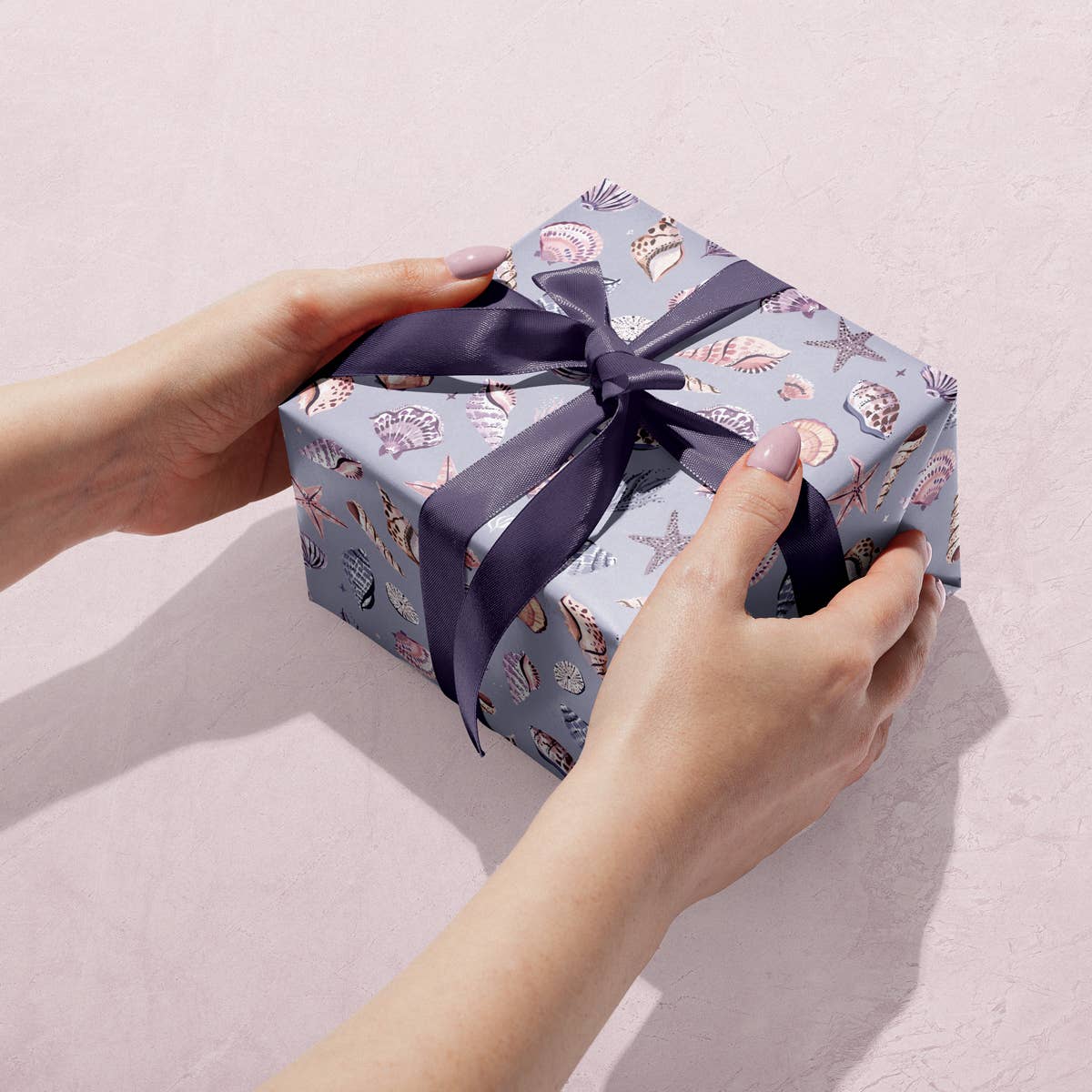 Pastel Lilac Blue Seashell & Starfish Coastal Seaside Gift Wrapping Paper With Ribbon Bow