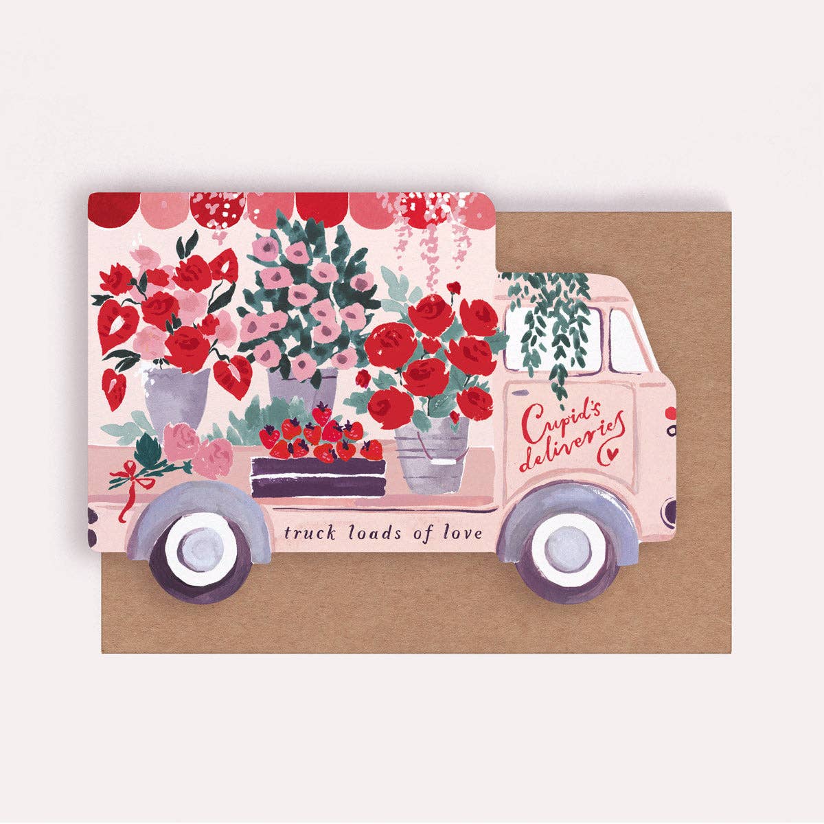 Pink Flower Truck Anniversary & Valentine's Day Greeting Card With "Truck loads of love" and "Cupids Delivery" Written On It