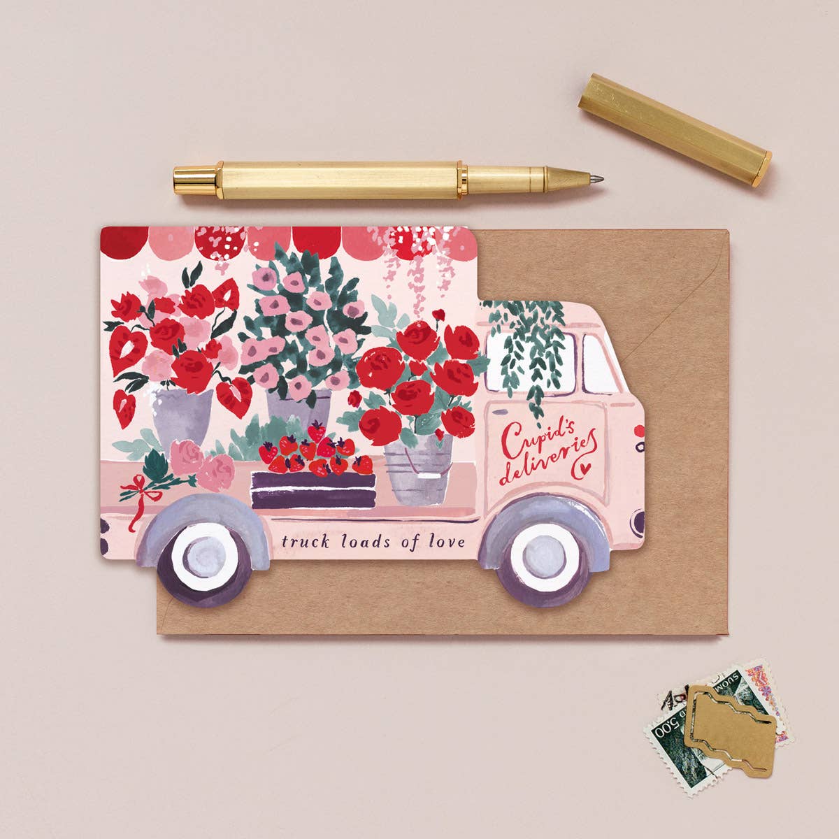 Pink Flower Truck Anniversary & Valentine's Day Greeting Card