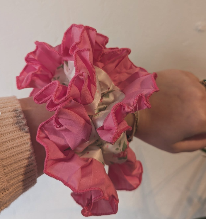 Pink Frill Floral Oversized Scrunchie on a wrist