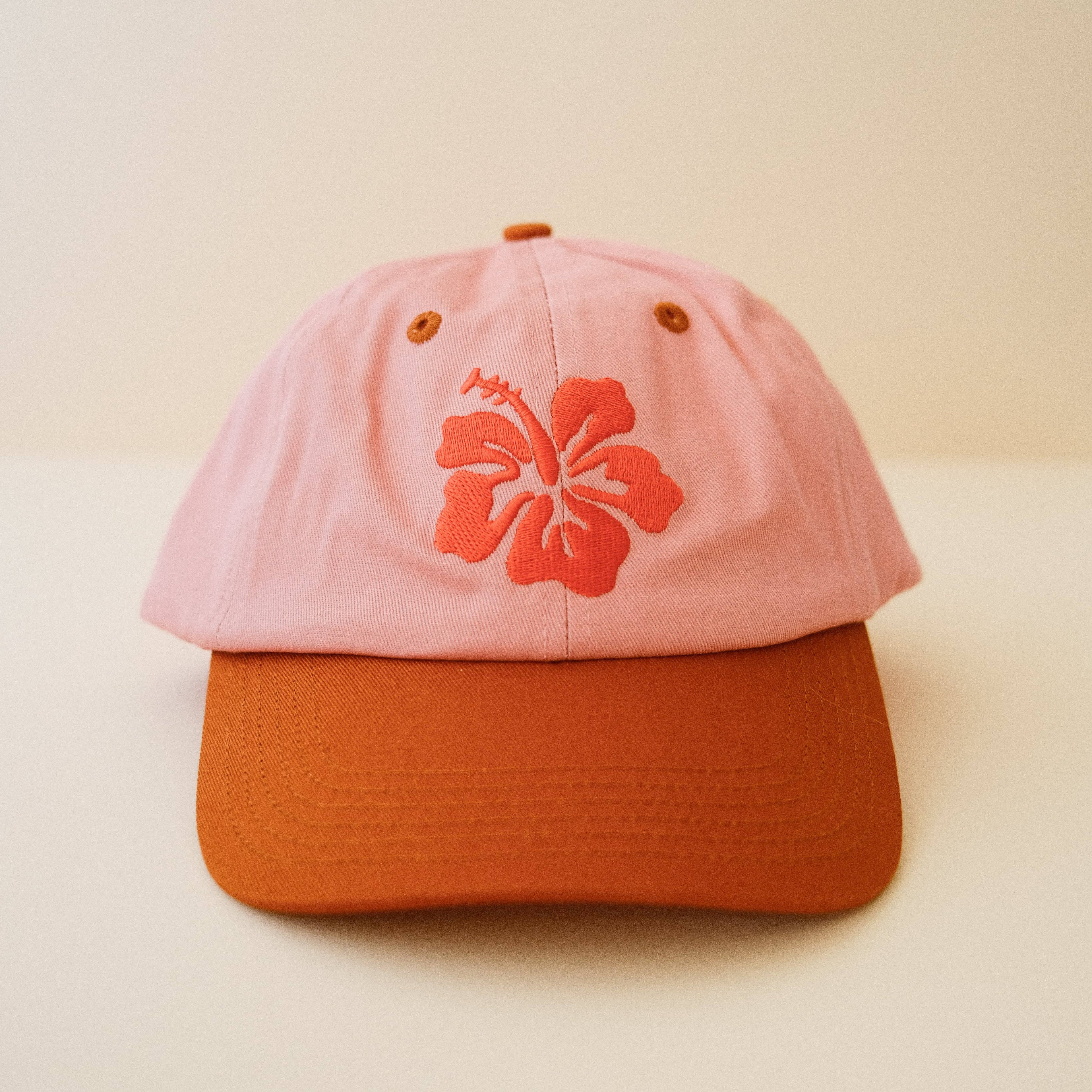 Pink & Orange Embroidered Hibiscus Flower Baseball Cap