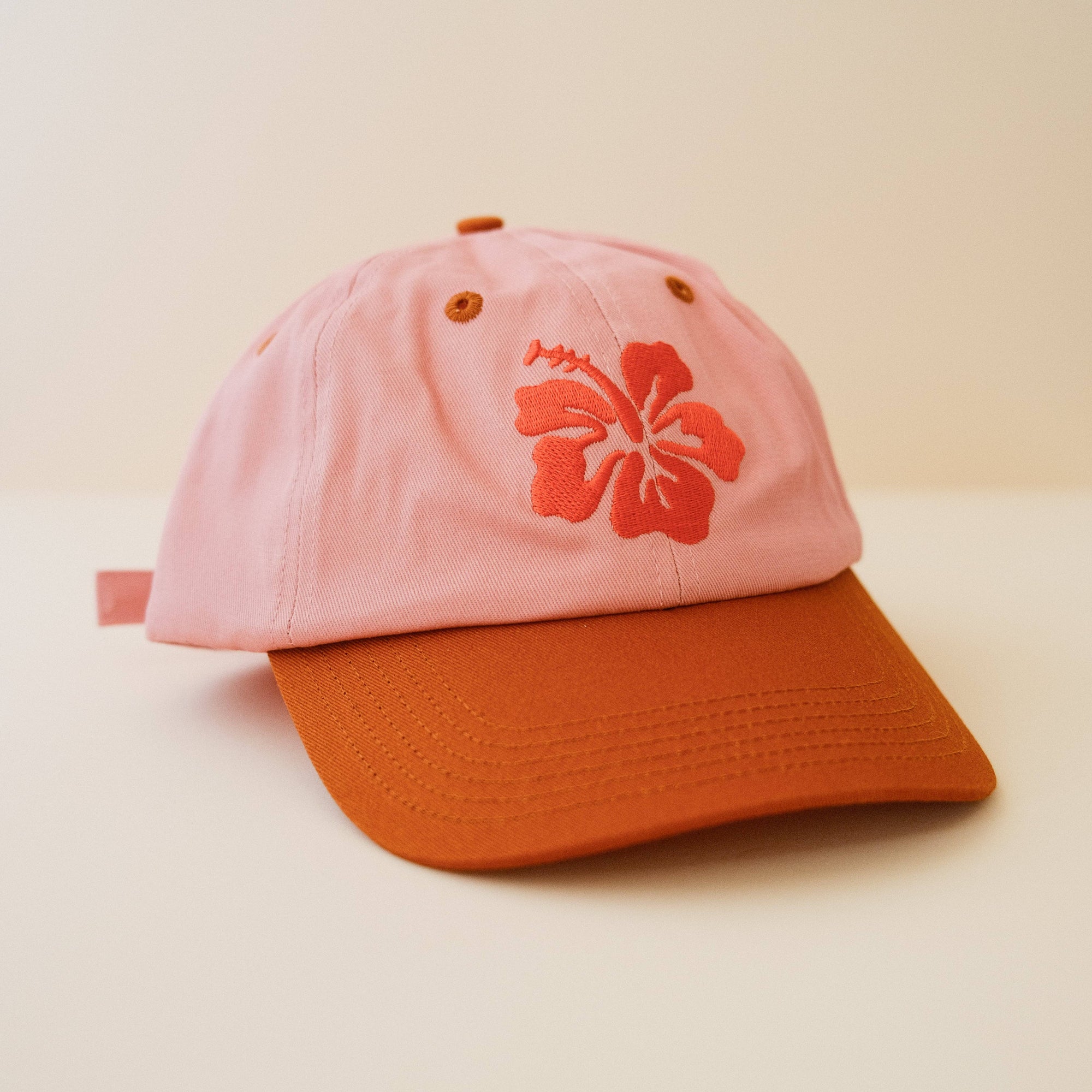 Pink & Orange Embroidered Hibiscus Flower Baseball Cap
