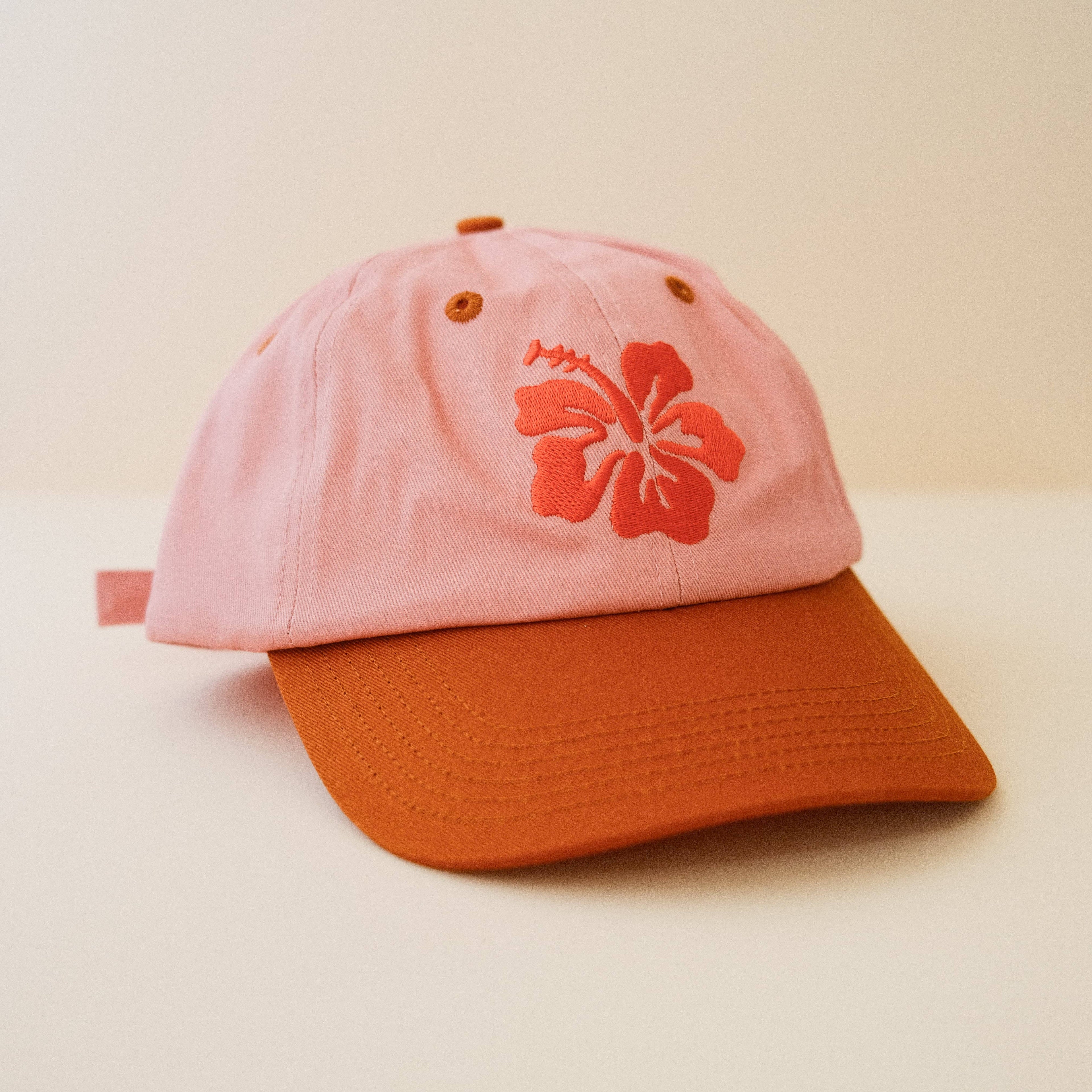 Pink & Orange Embroidered Hibiscus Flower Baseball Cap
