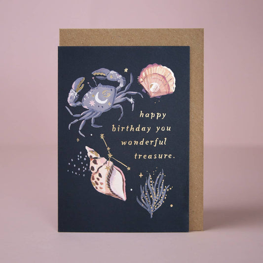 Seaside Crab & Shell Cancer Zodiac Birthday Greeting Card