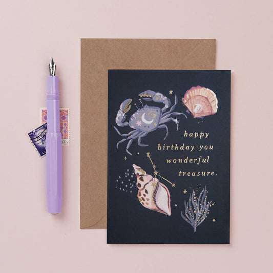 Seaside Crab & Shell Cancer Zodiac Birthday Greeting Card