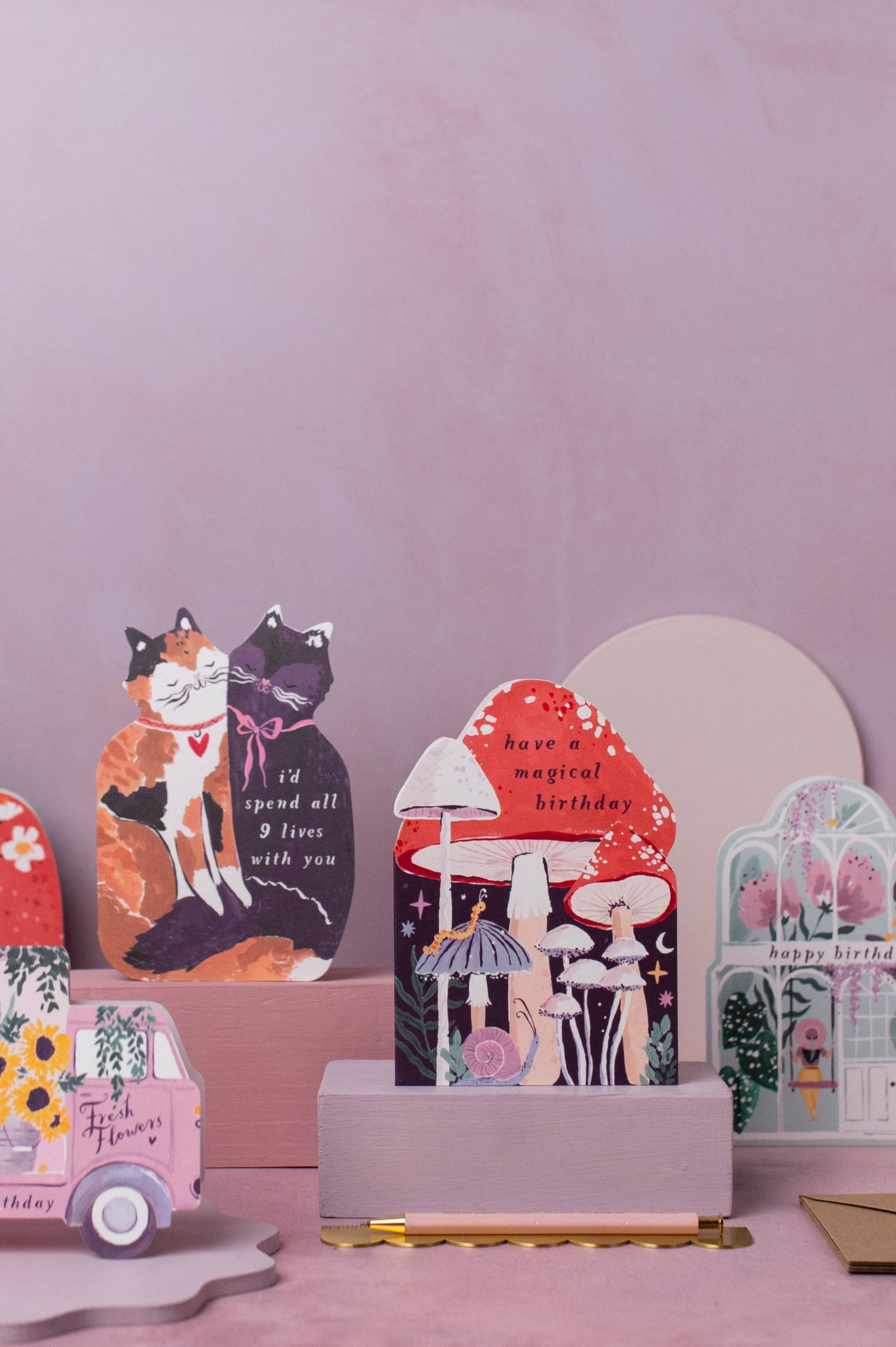 Selection Of Sister Paper Co Birthday Greeting Cards - Mushroom, Cat & Floral Greenhouse Shaped Cards