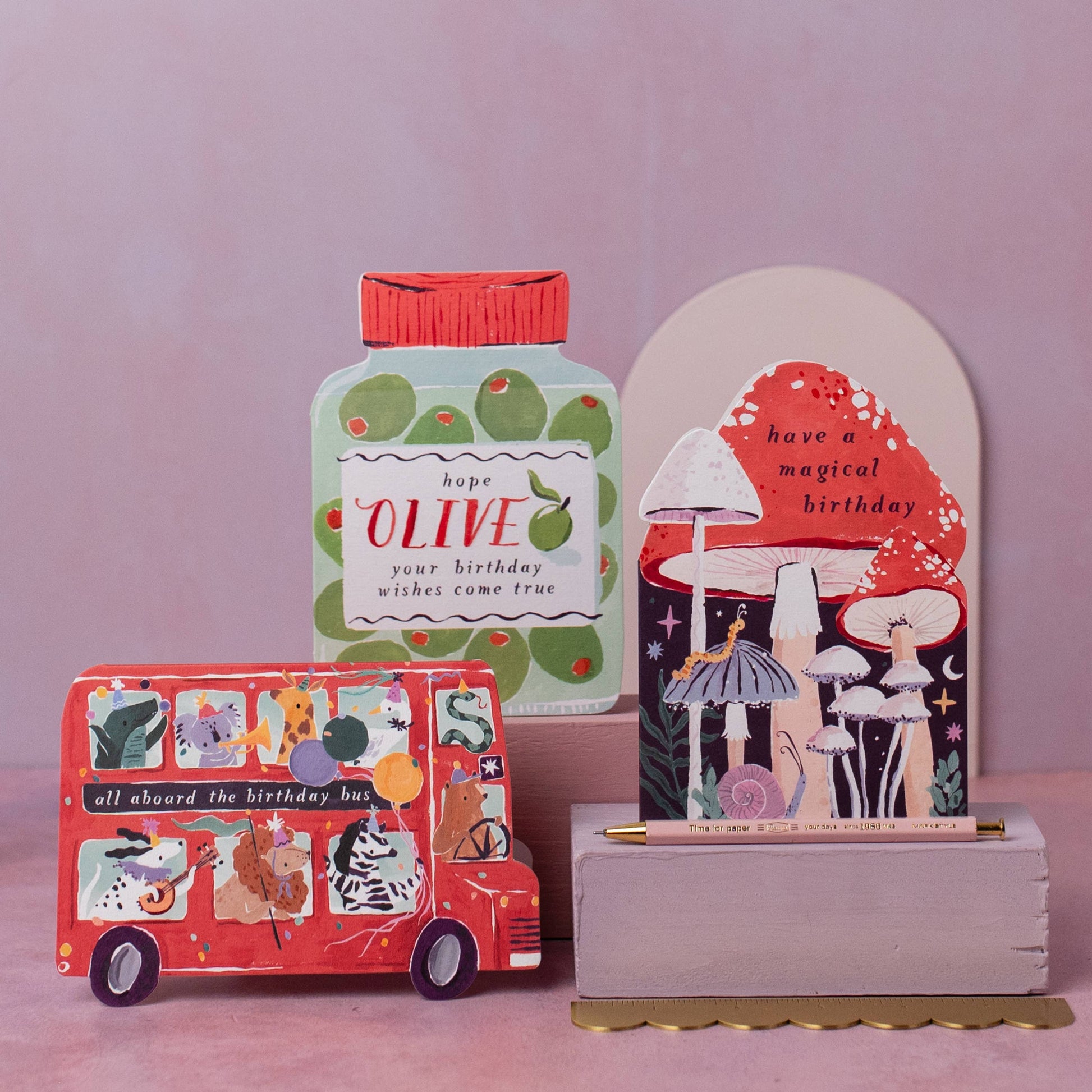 Selection Of Sister Paper Co Birthday Greeting Cards - Mushroom, Olive & Animal Bus Shaped Cards