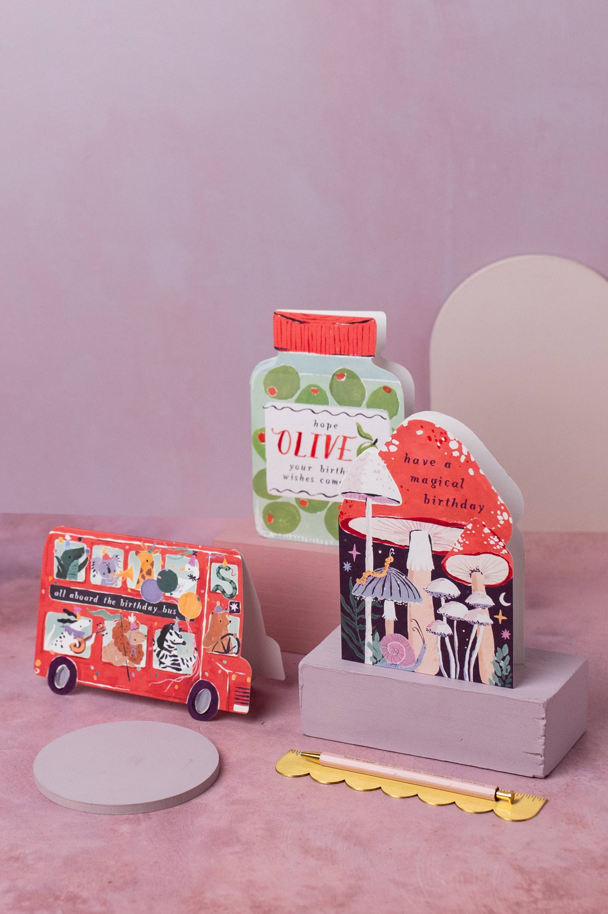 Selection of Sister Paper Co Birthday Greeting Cards - Animal Bus, Olives & Mushroom Shaped Cards