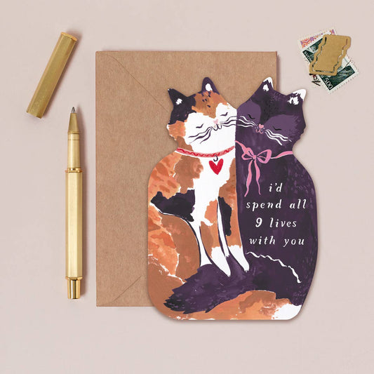 I'd Spend All 9 Lives With You Two Cats Shaped Anniversary & Valentine's Day Greeting Card 