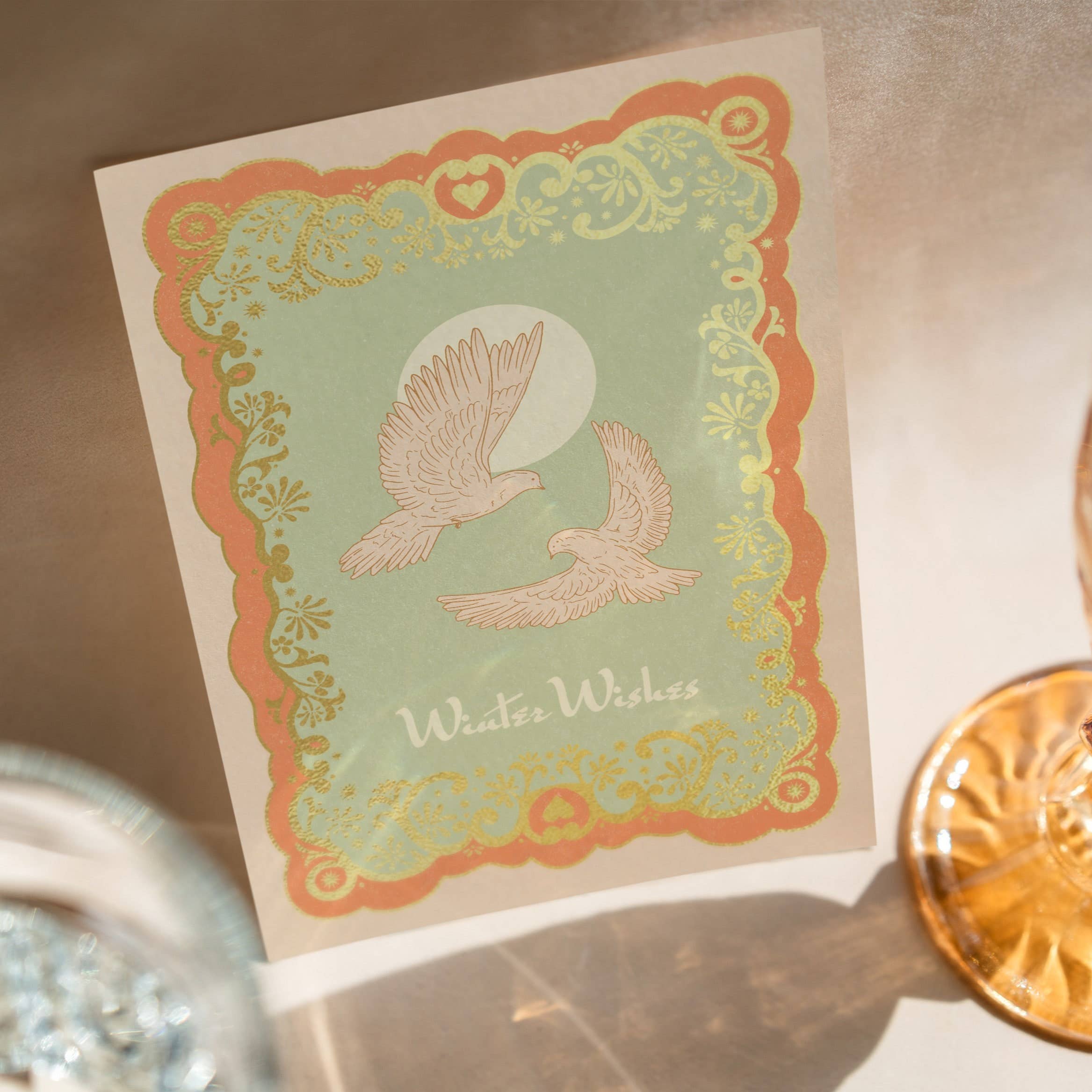 Vintage Style Winter Wishes Christmas Greeting Cards With Doves