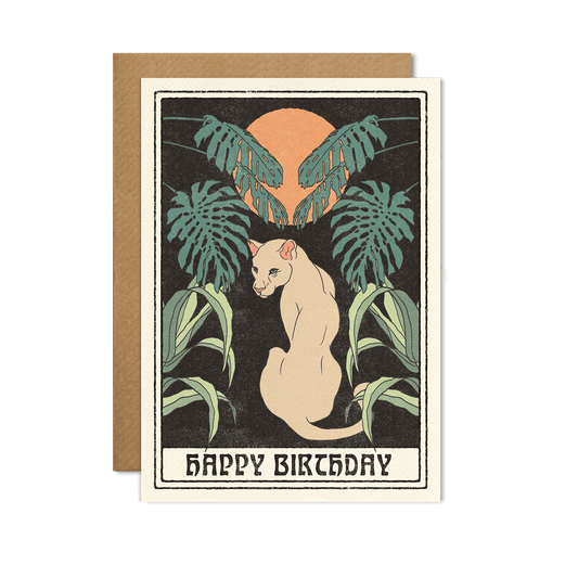 White Cat & Palm Happy Birthday Greeting Card