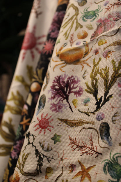 White Tea Towel With Illustrated Rockpool Coastal Sea Creatures Pattern Print - Crabs, Fish, Seaweed, Shells, Starfish and Anemones
