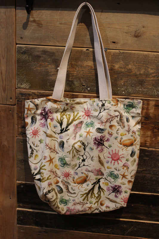 White Tote Bag With Illustrated Rockpool Coastal Sea Creatures Pattern Print - Crabs, Fish, Seaweed, Shells, Starfish and Anemones