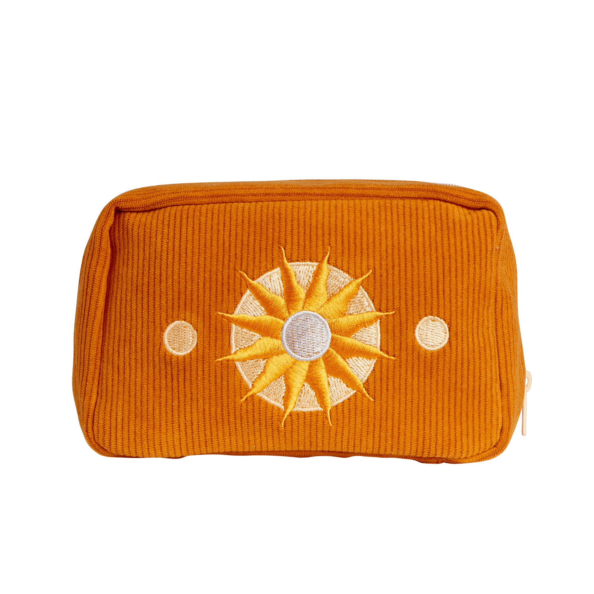 Yellow Corduroy Cosmetic Make Up Bag With Embroidered Sun