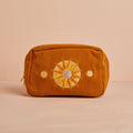 Yellow Corduroy Cosmetic Make Up Bag With Embroidered Sun