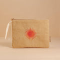 Yellow Corduroy Cosmetic Make Up Pouch With Embroidered Sun