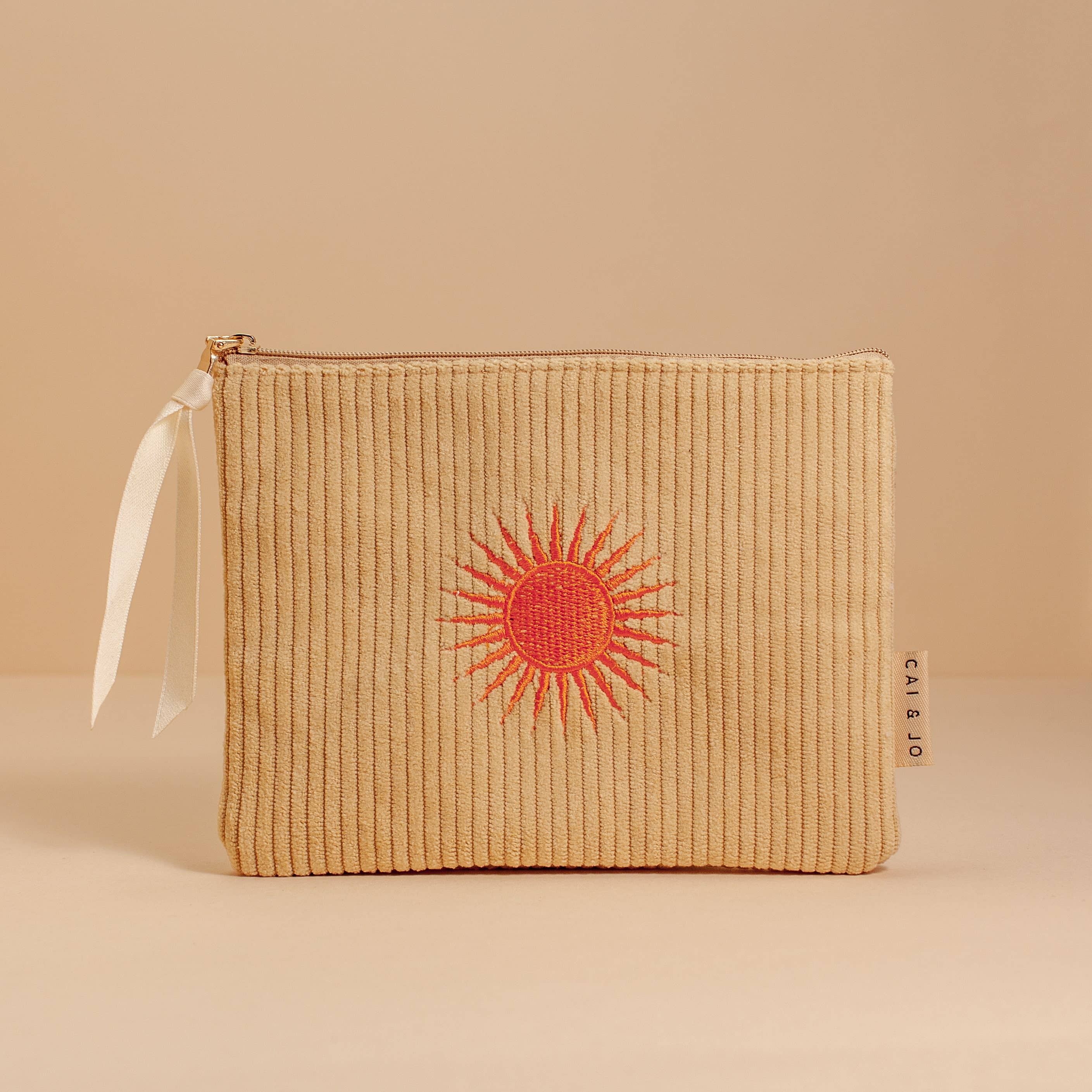 Yellow Corduroy Cosmetic Make Up Pouch With Embroidered Sun