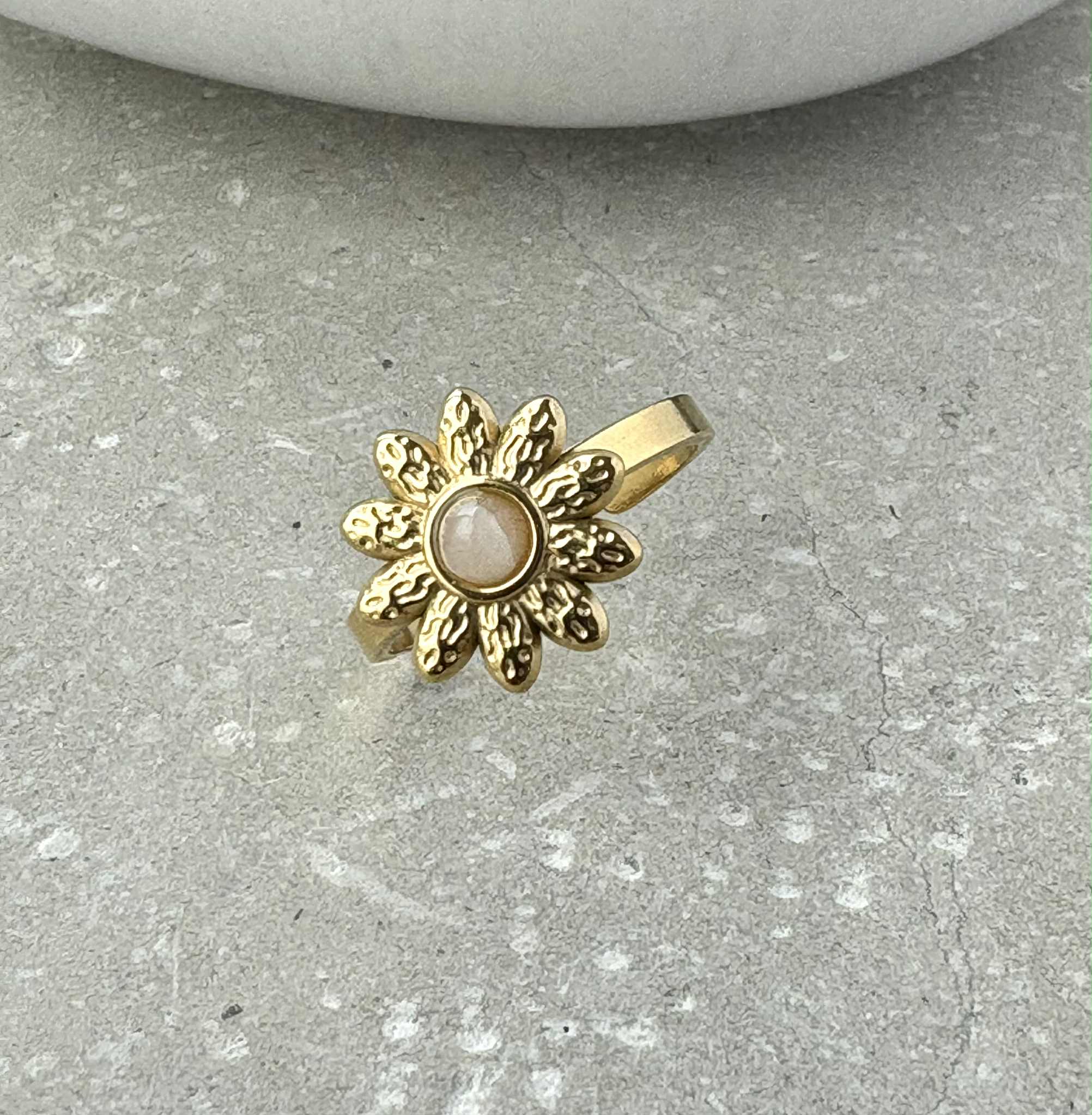 Pink Flower Adjustable Ring - PVD Gold Plated