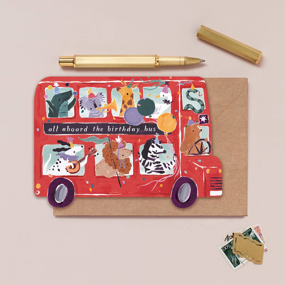 Animal Party Bus Kids Birthday Card