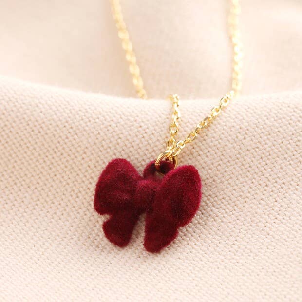 Red Velvet Bow Pendant With Gold Chain