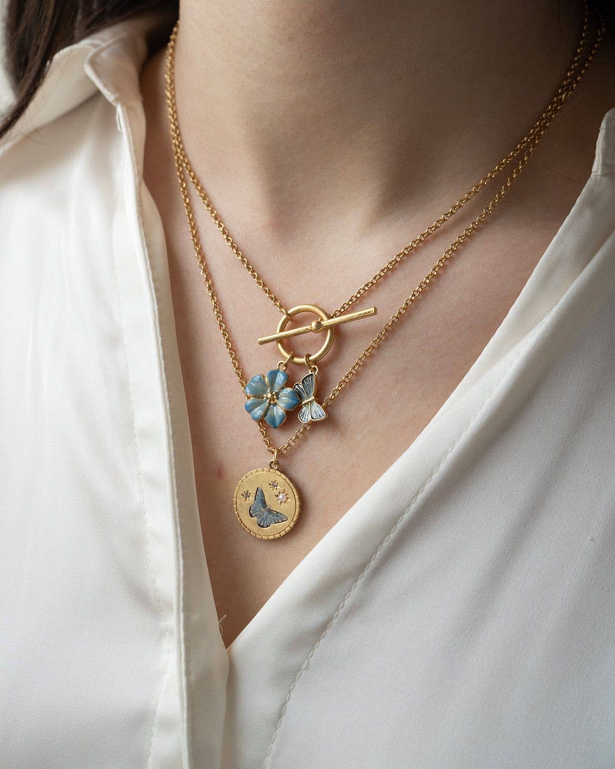 Forget Me Not & Butterfly Charm Toggle Necklace
