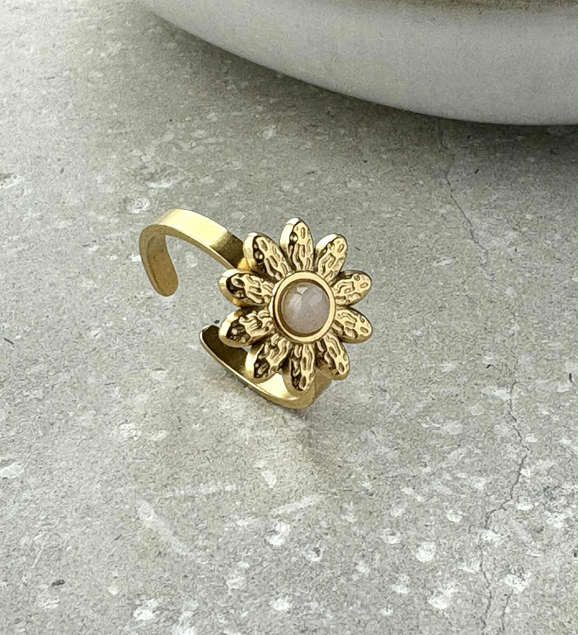Pink Flower Adjustable Ring - PVD Gold Plated