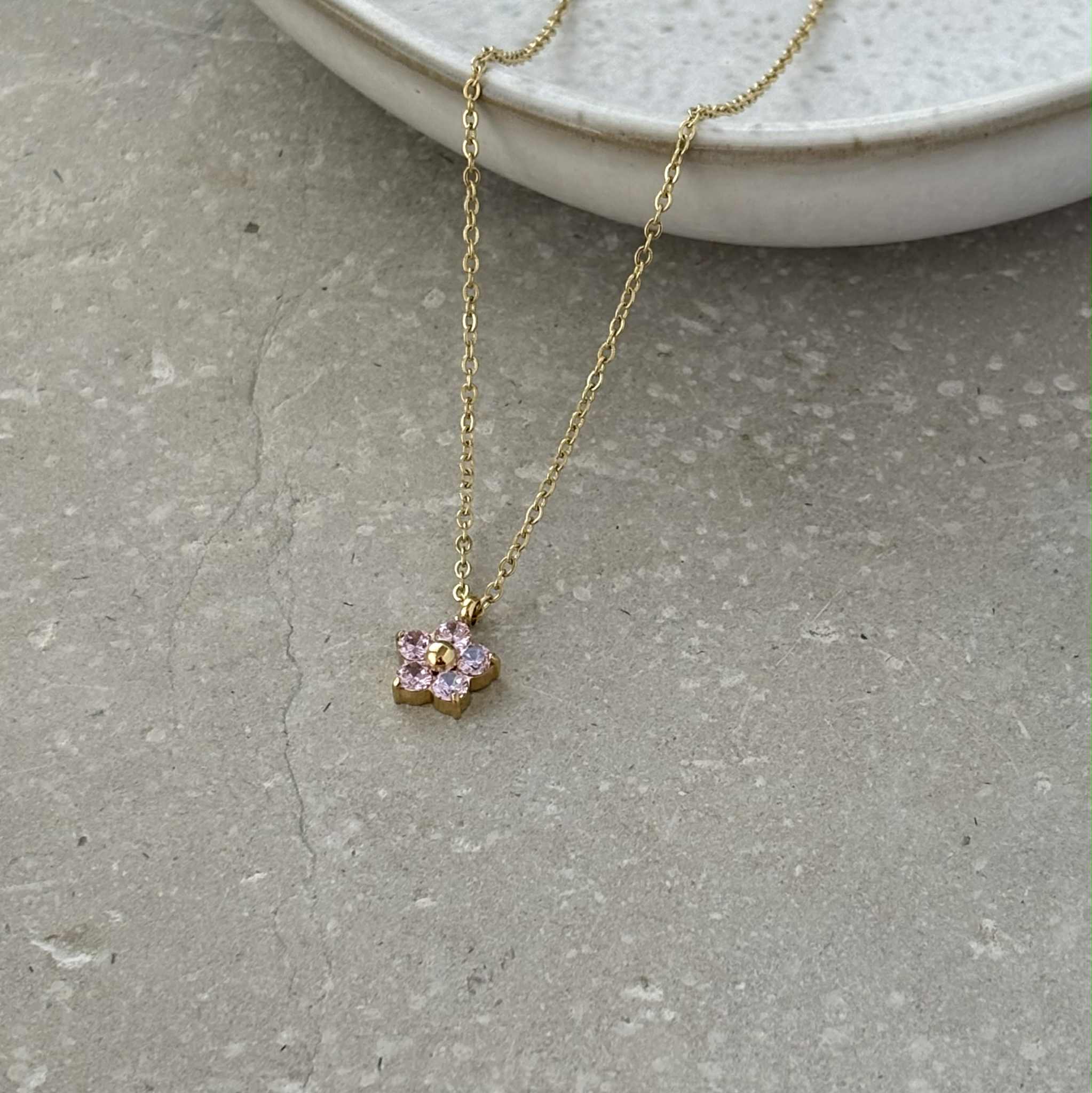 Pink Zirconia Flower Necklace - PVD Gold Plated