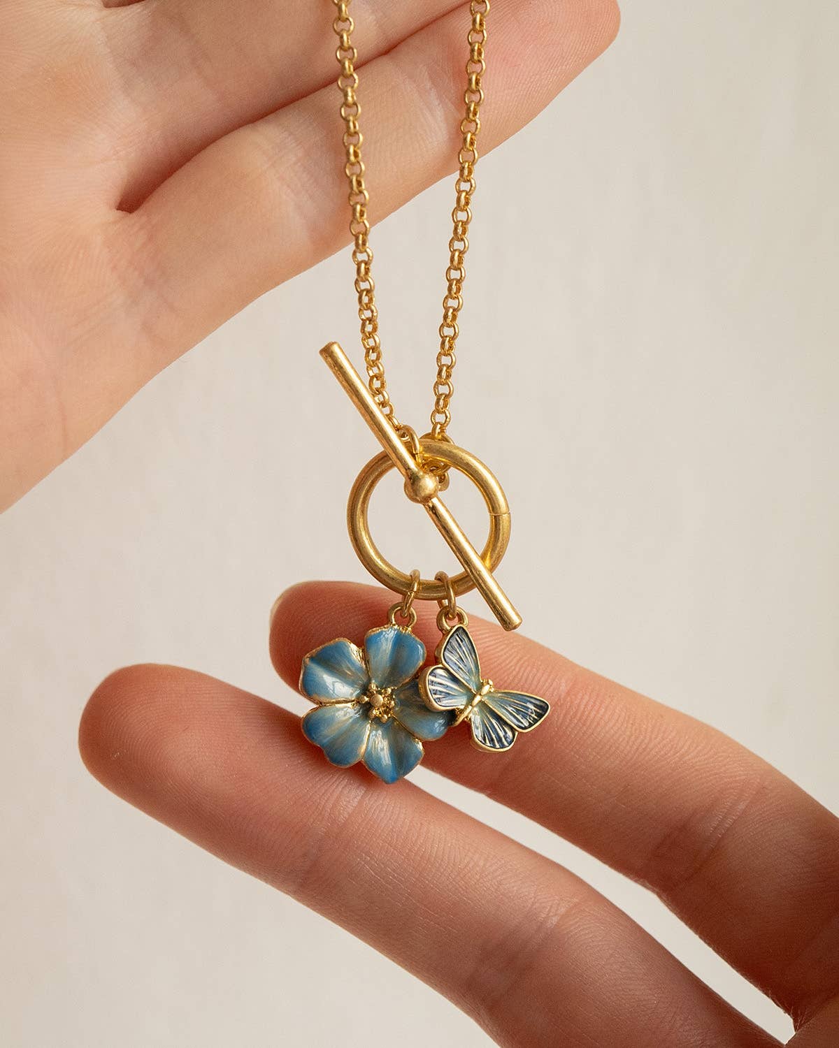 Forget Me Not & Butterfly Charm Toggle Necklace